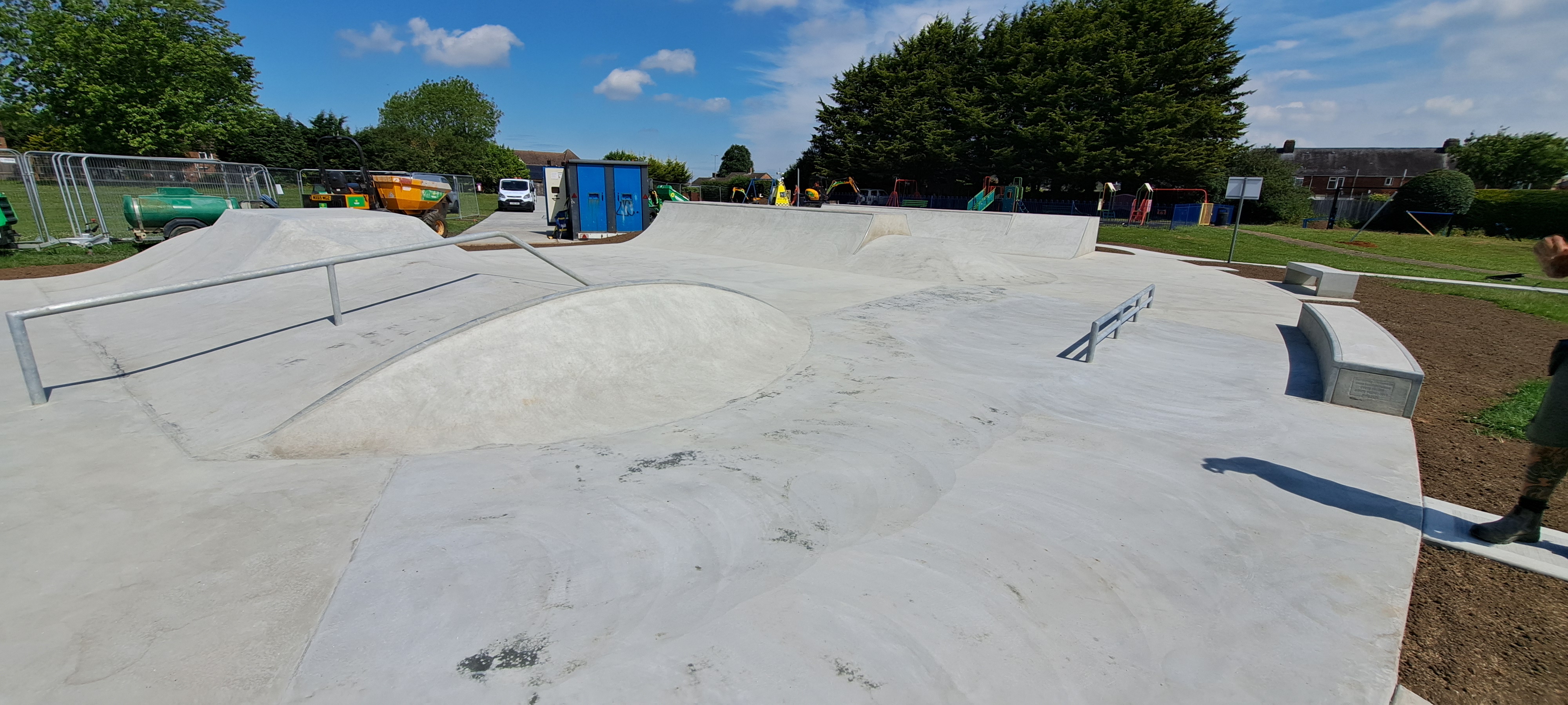 Image of bench, rails and ramps at Ramsey Road skatepark