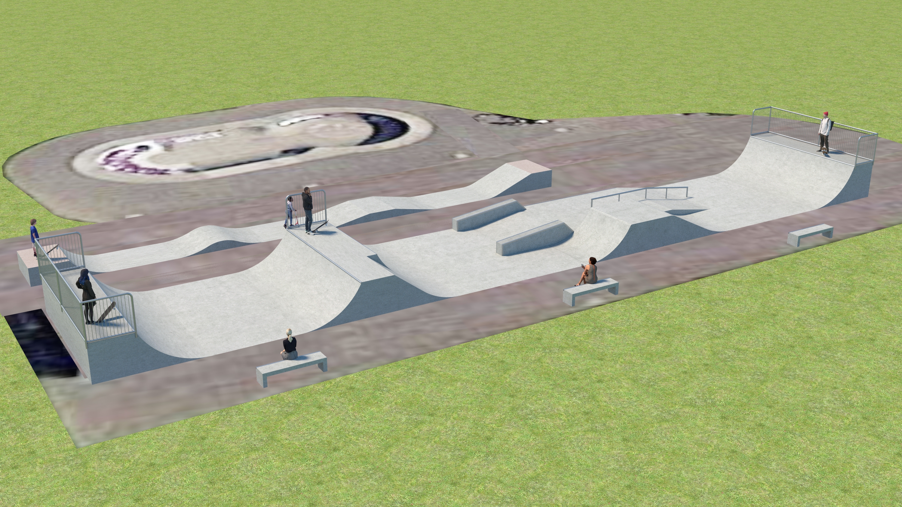 Concept image of full Spa Road skatepark design - different viewpoint
