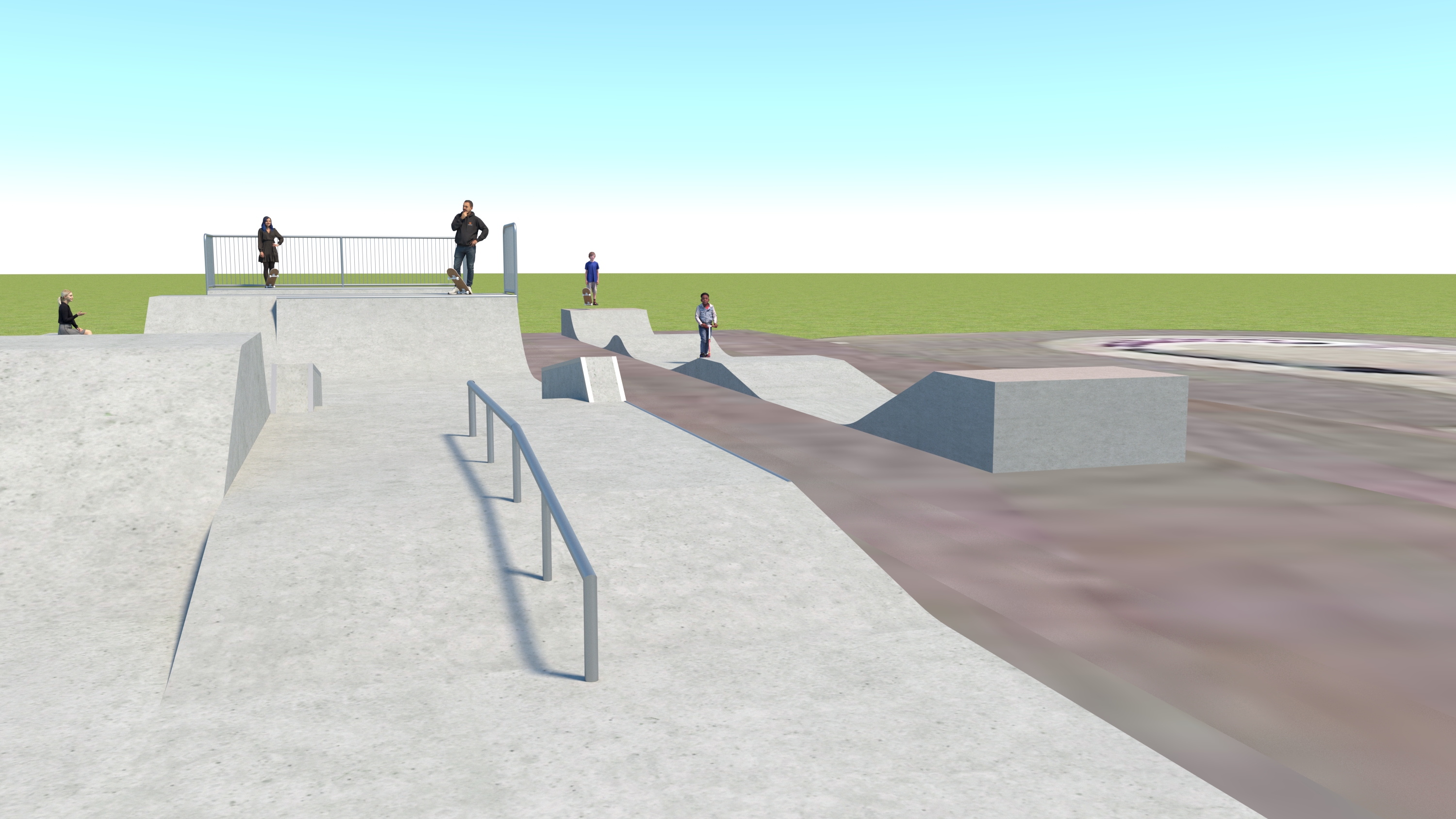 Concept image of benches and ramps Spa Road skatepark design
