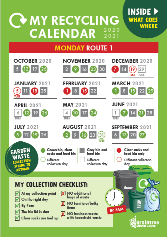 Route 1 collection calendar download – Braintree District Council