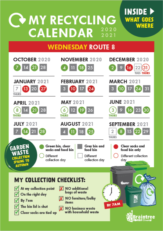 Route 8 collection calendar download – Braintree District Council