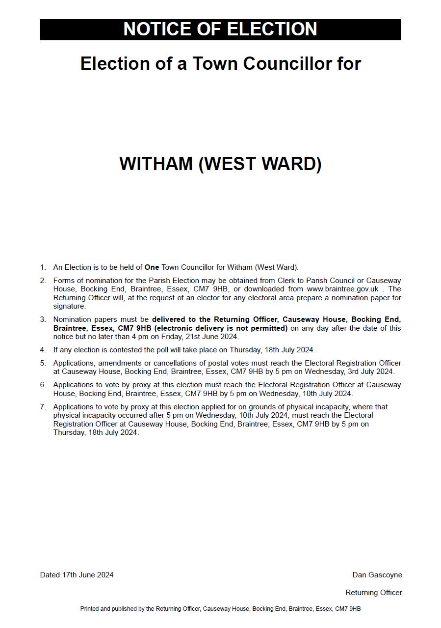 Notice of Election - Witham West Ward - June 2024